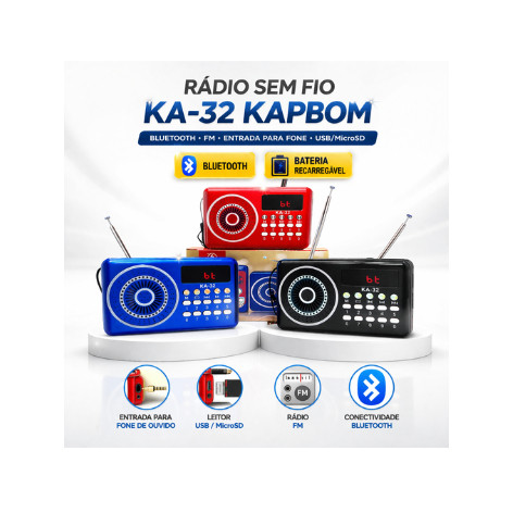 Rádio KA-32 Recarregável Bluetooth FM USB SD Pequeno e Potente