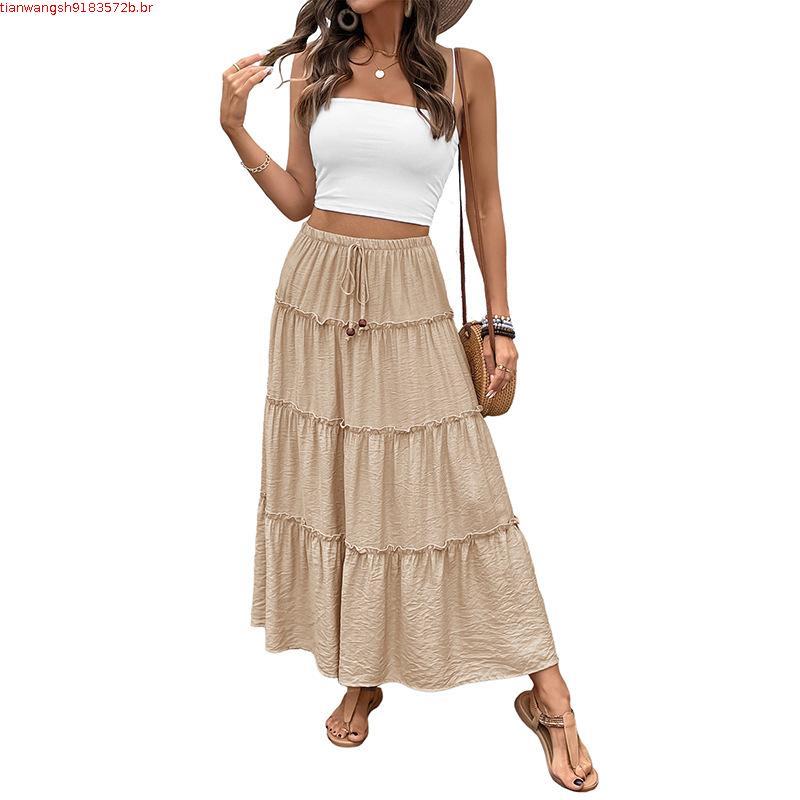 Saia Maxi Boho Feminina De Verão , Babado Fluido , Linha A , Elástica , Cintura Alta , Plissada , Em Camadas , Praia , S