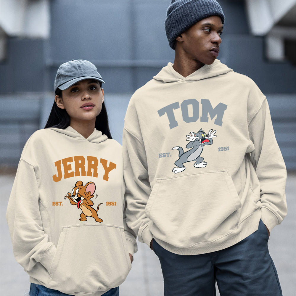 Blusa Moletom Canguru De Casal   Feminino Masculino Flanelado Tom e Jerry  Unissex Flanelado e Com Bolso
