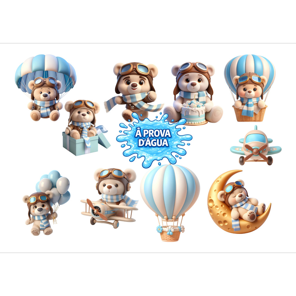 100 Adesivos a prova de d agua apliques Ursinho urso aviador baloeiro balão azul Tags Tubetes  e  tag adesivo aplique