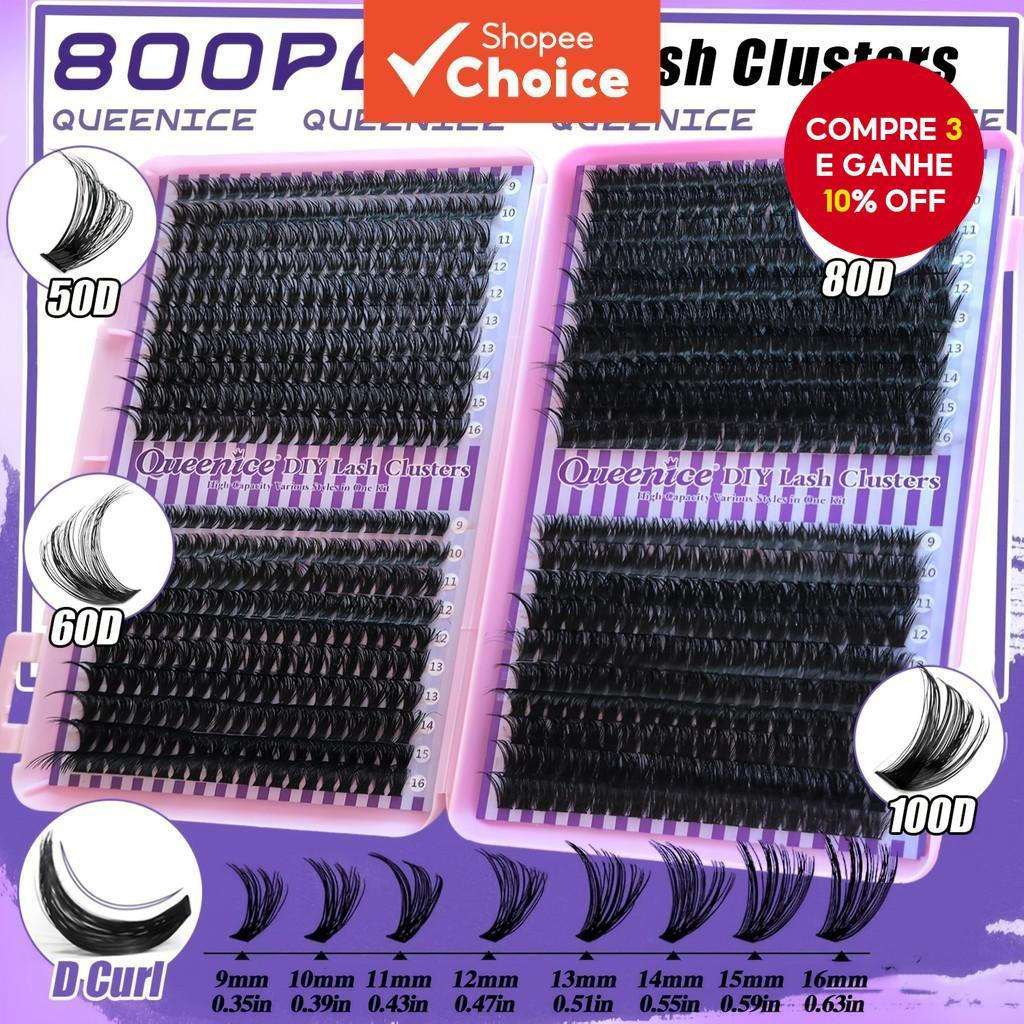Conjunto de cílios postiços autoadesivos QUEENICE com 800 peças - Conjunto Cute D-curl 50D-100D, vem com removedor de ma