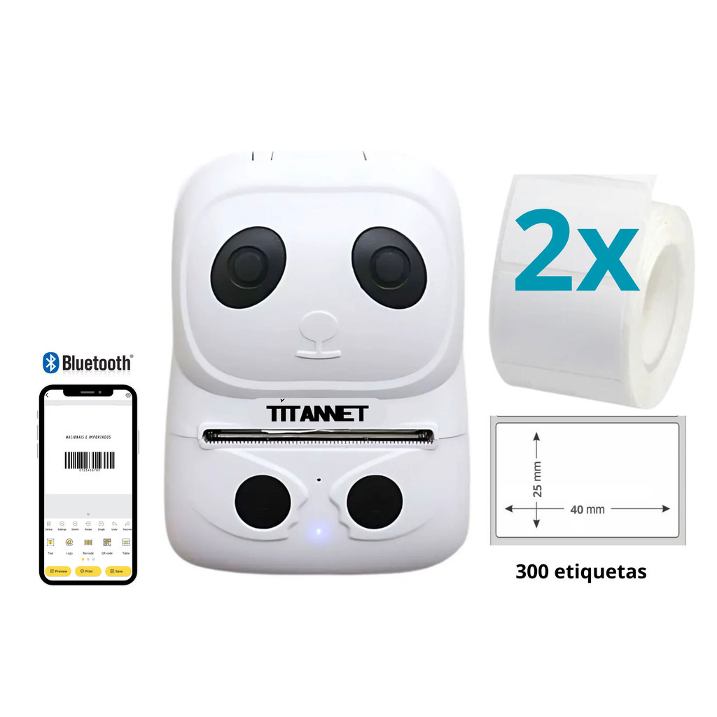 Mini Impressora Bluetooth Portátil 58mm + 2 Rolos de Etiquetas 40x25