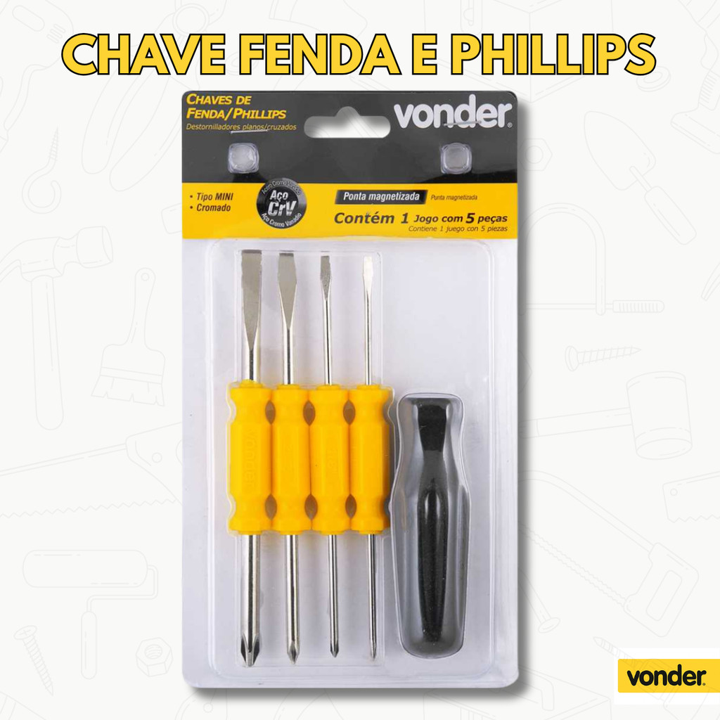 Jogo de Chaves Mini Fenda/Phillips 5 Peças Vonder Cromo Vanádio
