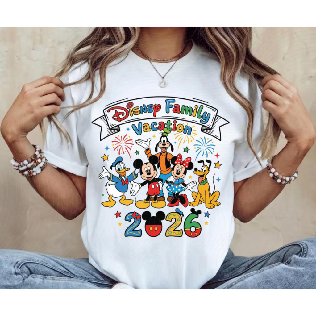Camiseta Feminina Casual De Algodão Puro Com Modelagem Solta E Estampa "Férias Em Família Na Disney 2026"