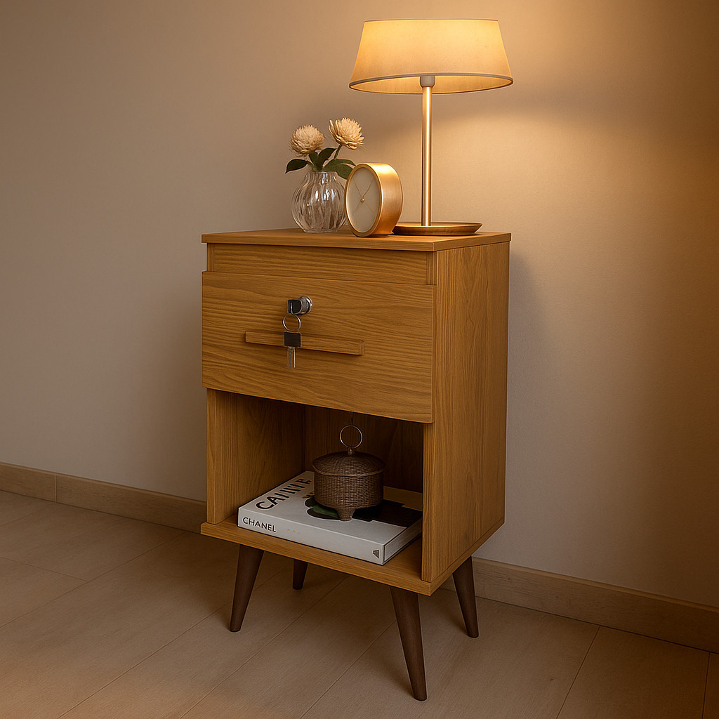 Mesa De Cabeceira para Quarto 1 Gaveta com Chave e Nicho Retrô - Cor Canelato em Oferta na Shopee