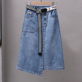 Saia jeans elástica feminina saia palavra Irregular moda Midi saia de algodão.