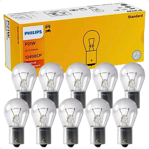 Lâmpada Comum Branca 1 Polo P21w Philips 12v 12498 (1141) Caixa Com 10 Unidades Original Sinalização Seta Ré Freio
