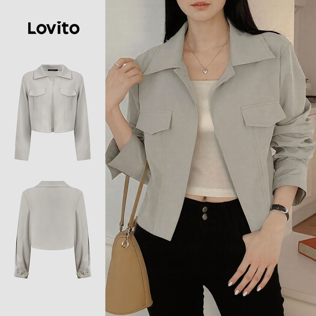 Lovito Jaqueta Casual Cinza Com Bolsos Falsos E Estrutura Reforçada Para O Outono/inverno Ideal Para Mulheres L166AD418 em Oferta na Shopee