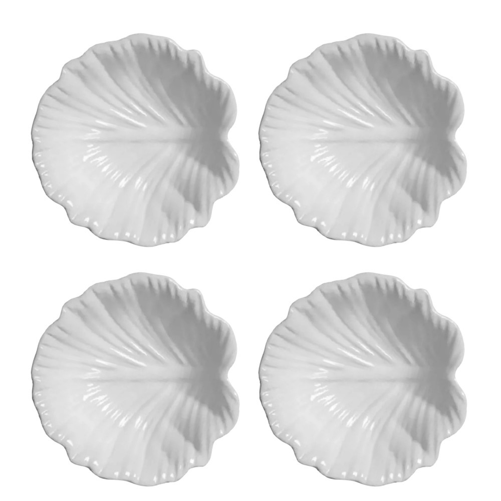 Jogo 4 Bowl Mini Travessa de Cerâmica Branco Leaves Scalla 5x11cm