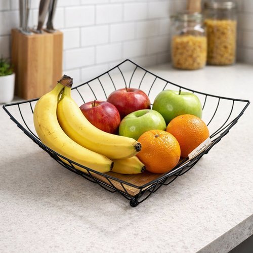 Organizador Fruteira Quadrada Aramada Madeira 25cm Sustentavel Cozinha Pratica