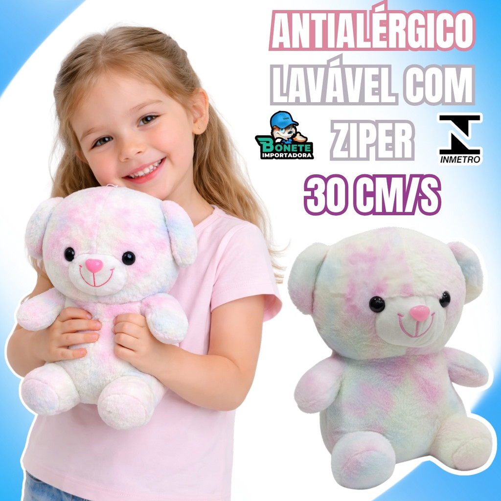 Urso Teddy de Pelúcia 30cm Tie Dye Pastel Antialérgico Lavável com Zíper