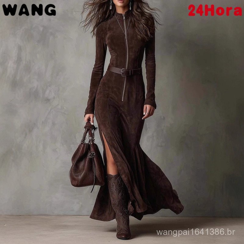 Vestido Longo Elegante de Cor Sólida com Zíper e Gola Alta para Mulheres