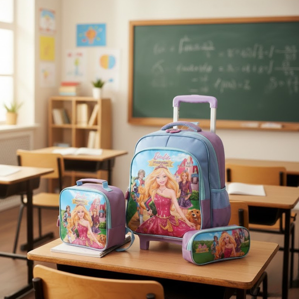 Mochila Escolar de Rodinha Mala Bolsa + Lancheira + Estojo Infantil 3D - Barbie e Amigas