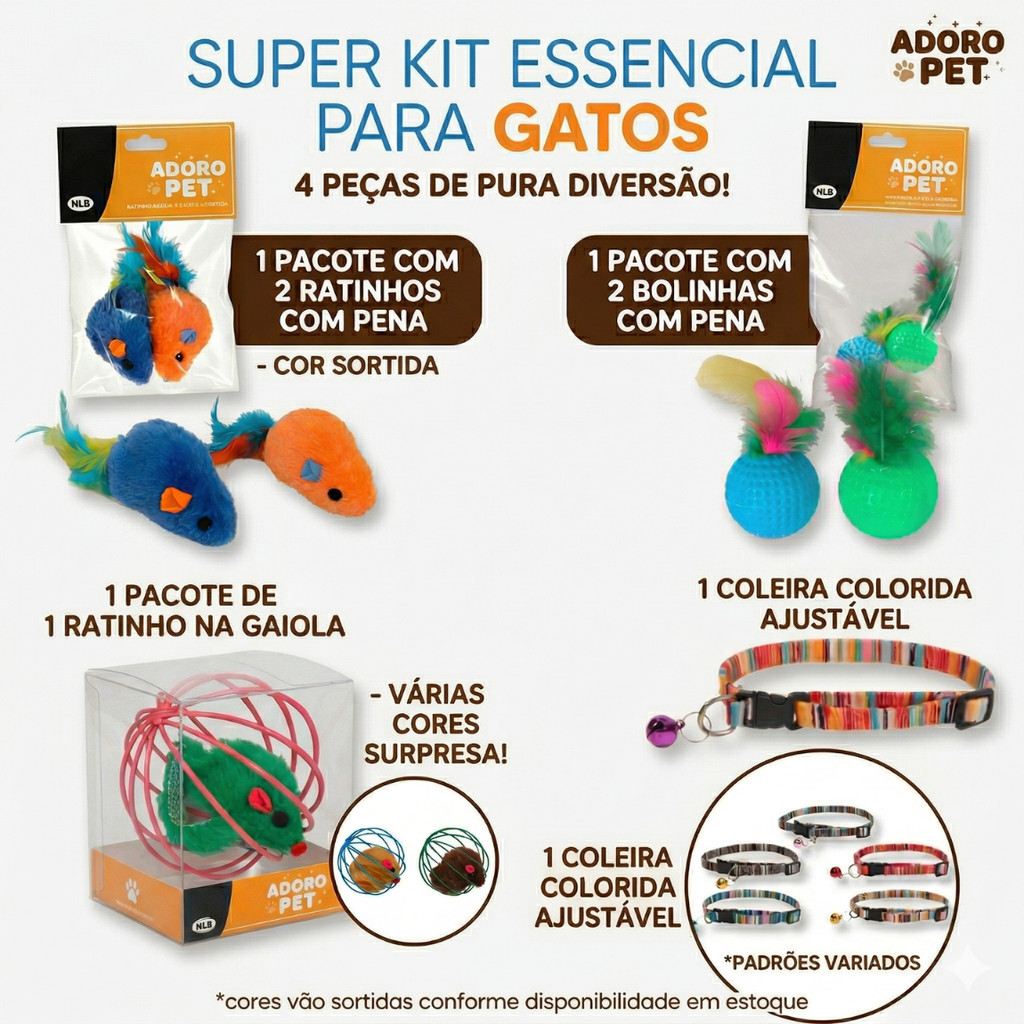 Conjunto Brinquedos Para Gatos Anti Tédio Ratinhos Bolinhas Gaiola E Coleira Pet Com Guizo