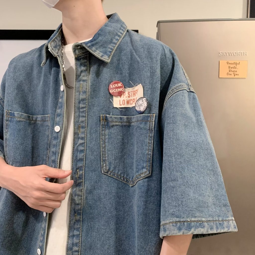 W Workwear Denim camisa de manga curta masculina verão americano Retro meia manga camisa ins High street street Wear plâ