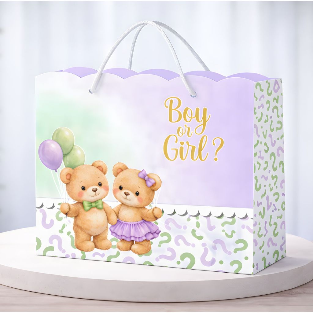 Sacolinha Chá Revelação Verde e Lilás Lembrancinha Personalizada Sacolinha PEGUE E MONTE mimos de aniversário