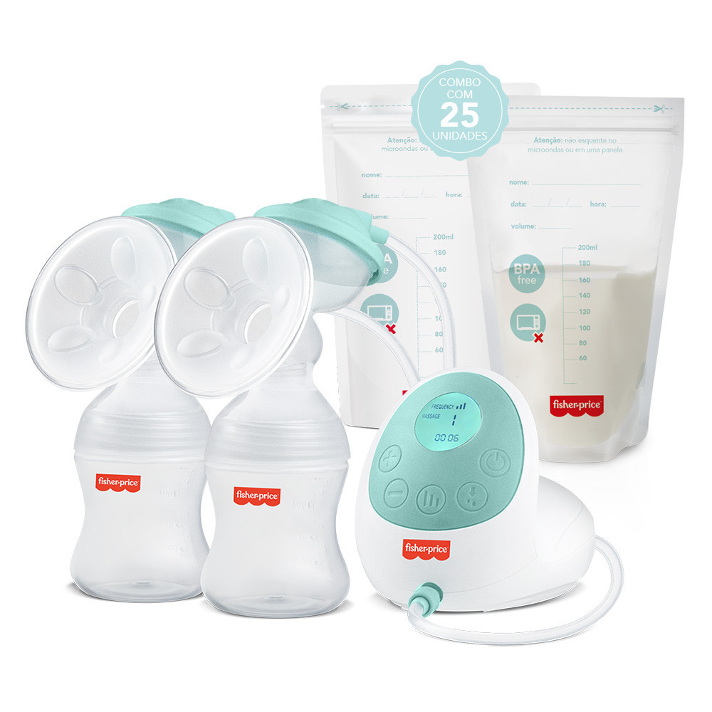 Kit Bomba tira Leite Elétrica Dupla Fisher Price + 25 Sacos Para Armazenar Leite Materno - BB1224KF