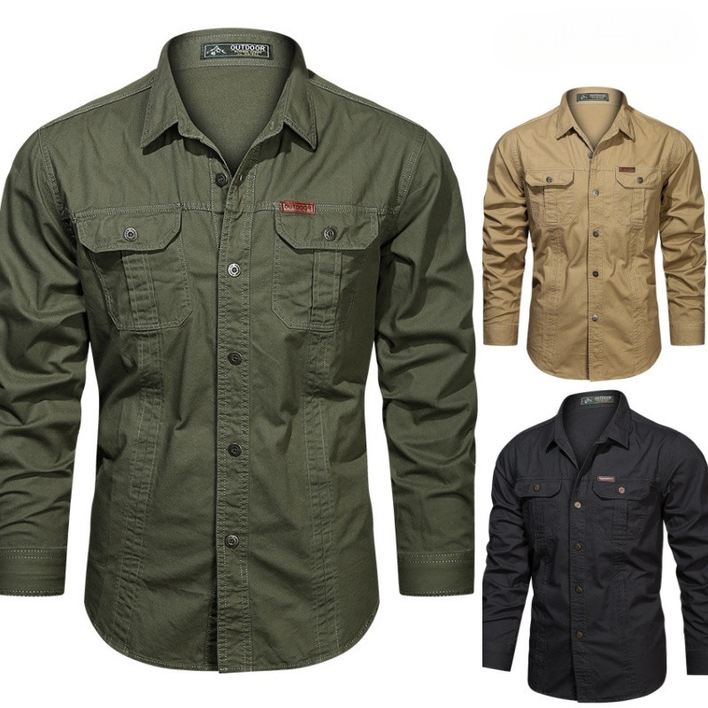 Camisa Casual de Manga Longa com Botões Moda Masculina com Botões de Algodão Esportiva Cargo GWLP