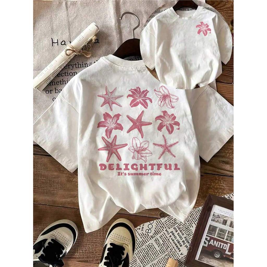 Camiseta 100% Algodão Estrela do Mar e Flor, Moda Feminina Oversized Casual, Verão 2026 Roupas Confortáveis