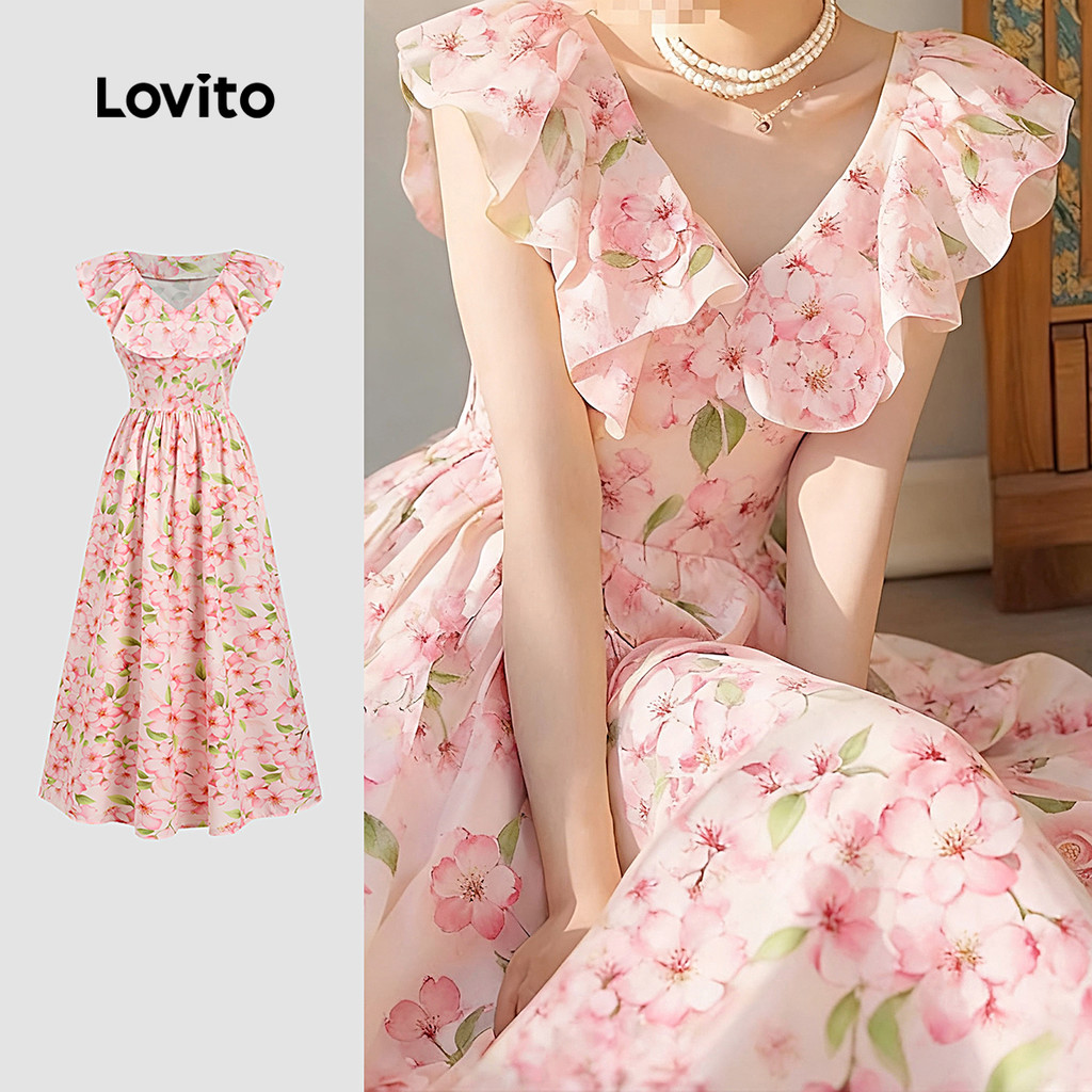 Lovito Vestido Casual de Resort com Babados em Rosa Primavera/verão para mulheres L183AD028