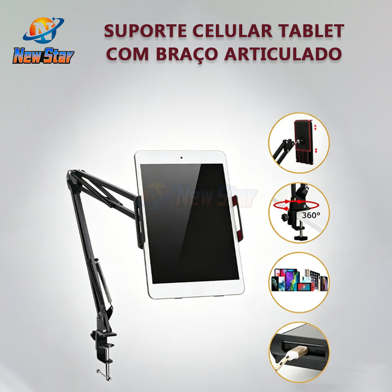 New Star Suporte Celular Tablet Com Braço Articulado Universal Ajustável e Reforçado Para Mesa e Cama Apoio Leitura
