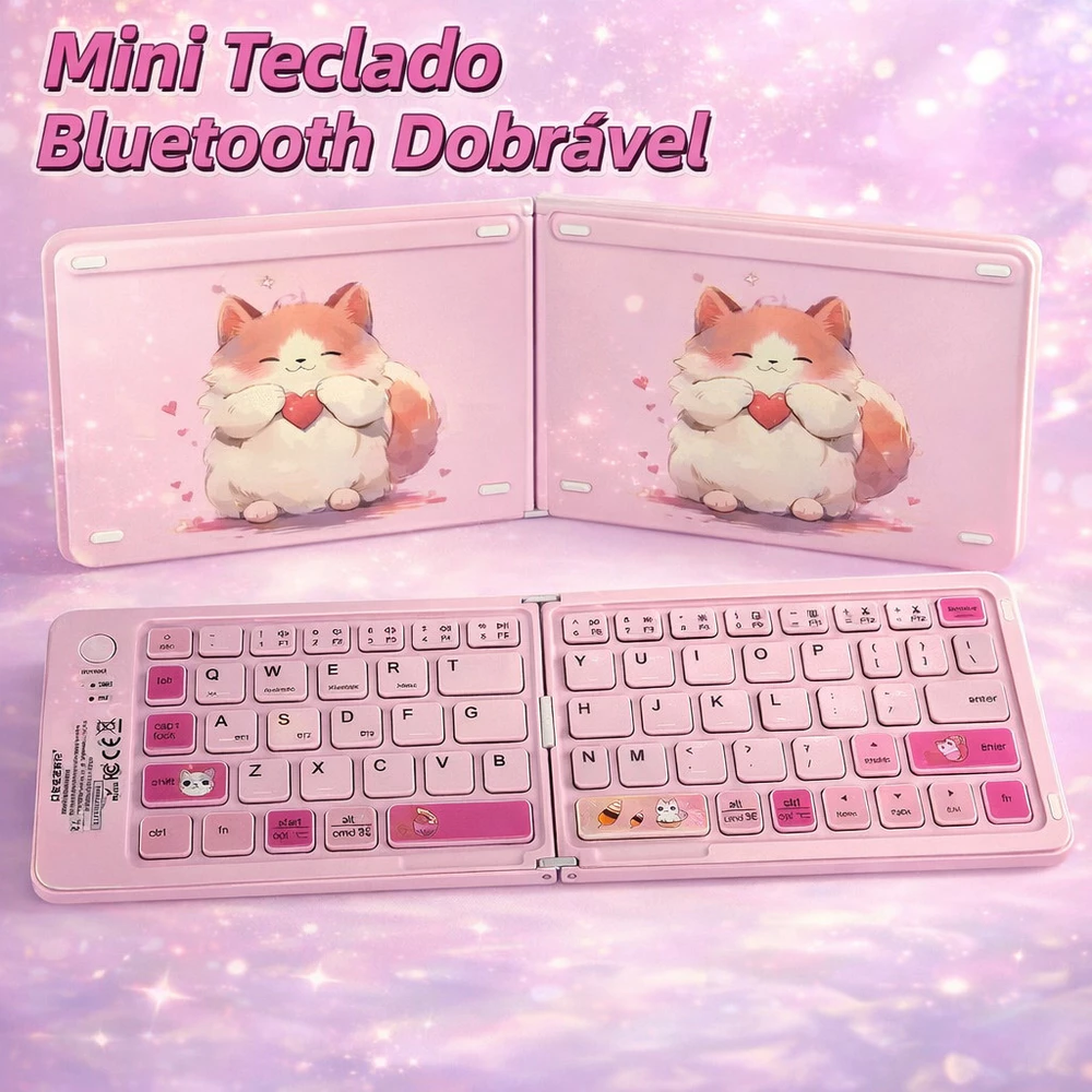 Mini Teclado Dobrável Ultra Fino Bluetooth com Gatinhos Portátil USB-C 67 Teclas Recarregável Leve Bolsa Viagem Notebook