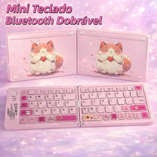 Mini Teclado Dobrável Ultra Fino Bluetooth com Gatinhos Portátil USB-C 67 Teclas Recarregável Leve Bolsa Viagem Notebook