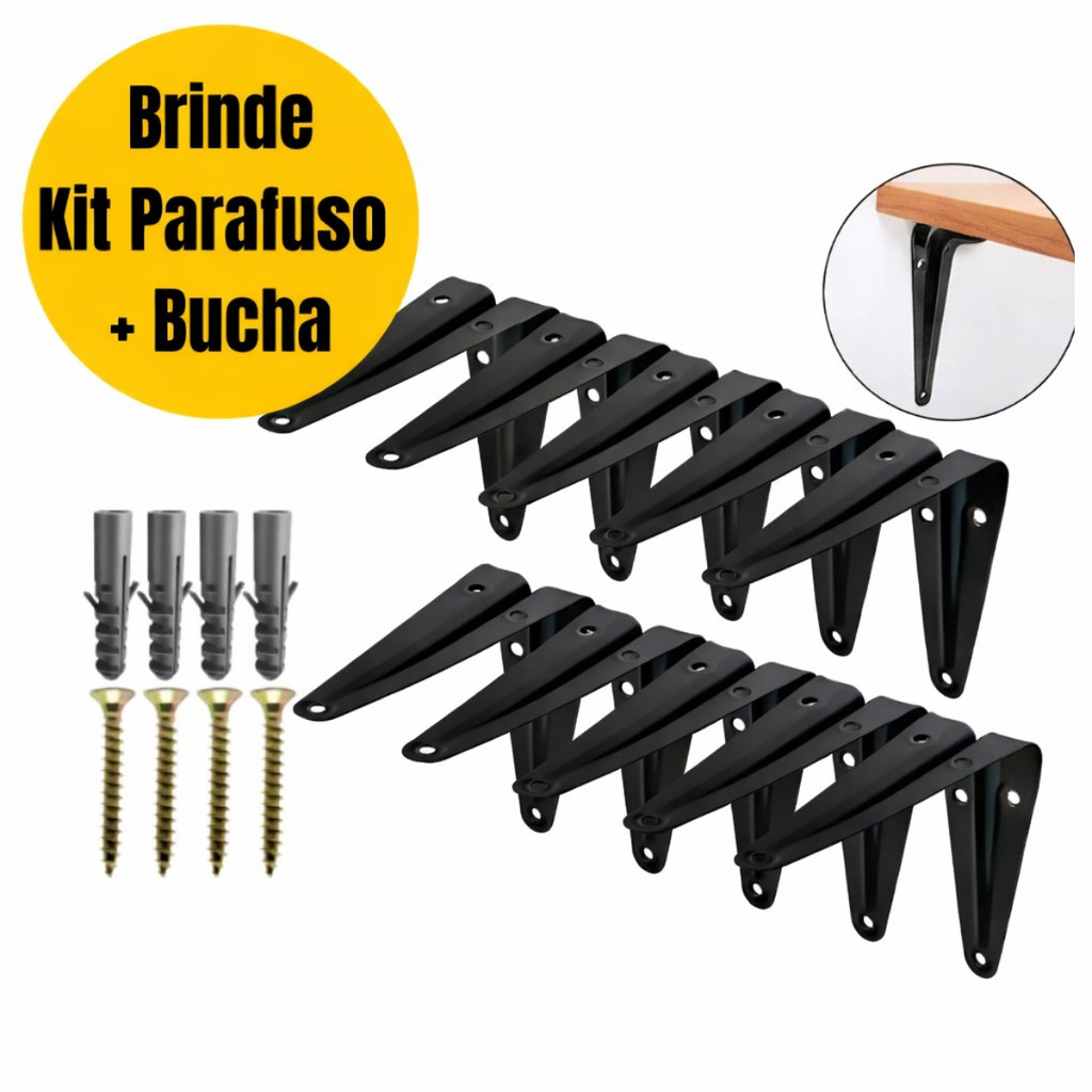 Kit 2 até 20 Suportes Mão Francesa Preta 20 X 25cm Prateleira Tábua Cantoneira Reforçada Preta BP