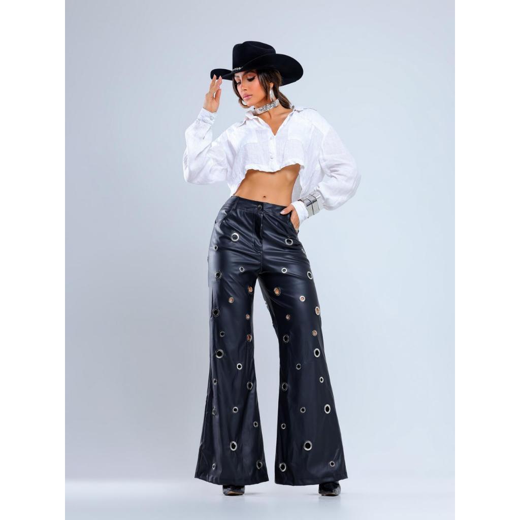 Calça Couro Ilhos Cintura Alta Country Rodeo