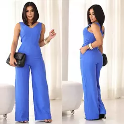 Macacão Longo Feminino Social Gola V em Linho Rústico Premium Elegante Confortável com Bolsos Laterais e Corte Pantalona