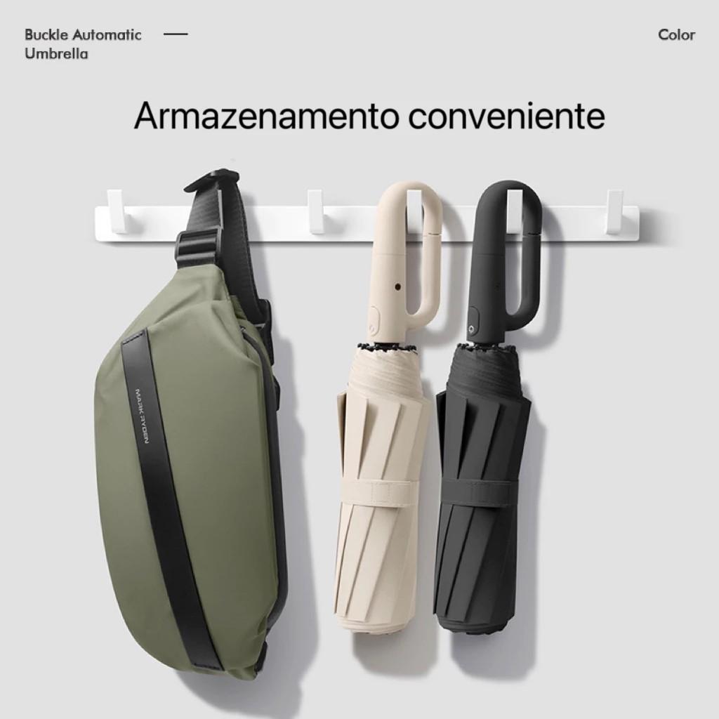 Guarda-Chuva Automático Dobrável com Fivela - Dupla Vareta, Para Sol e Chuva, Blackout UV