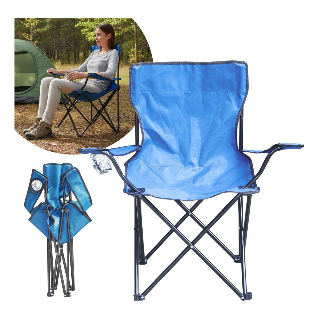 Cadeira de Camping Com Apoio de Braço e Porta Copos Azul Ideal Para Praia Camping Pescaria e Lazer
