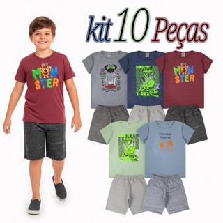 Kit Sortido 5 conjuntos de Roupas Masculino Infantil Verão – 5 Camisetas + 5 Bermudas Tamanhos 2 ao 16 em Oferta na Shopee