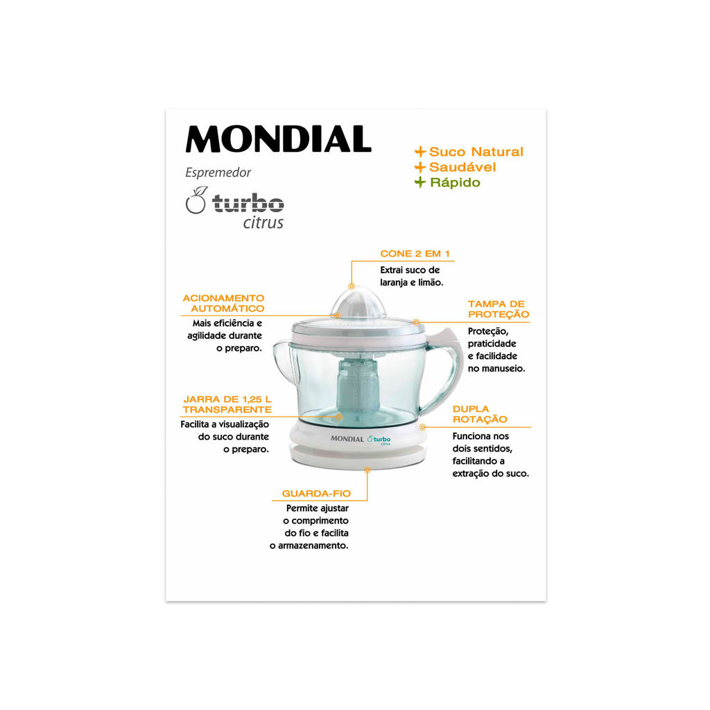 Detalhes do Espremedor de Frutas Mondial Citrus E01 1,25L Branco 25W - 110V