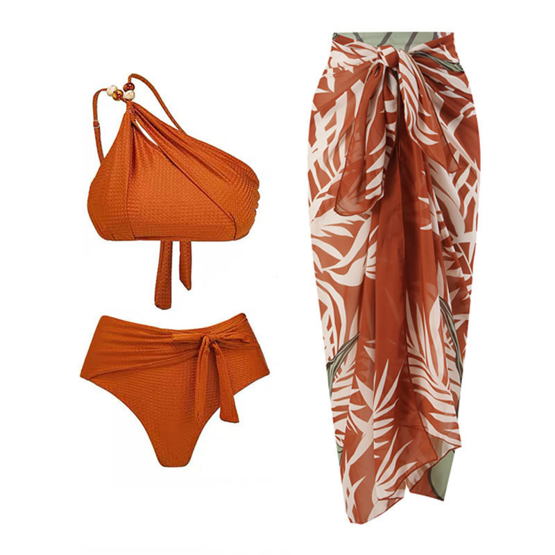 Conjunto de Biquíni Sexy Feminino Cintura Alta com Saia Longa Biquíni de 3 Peças