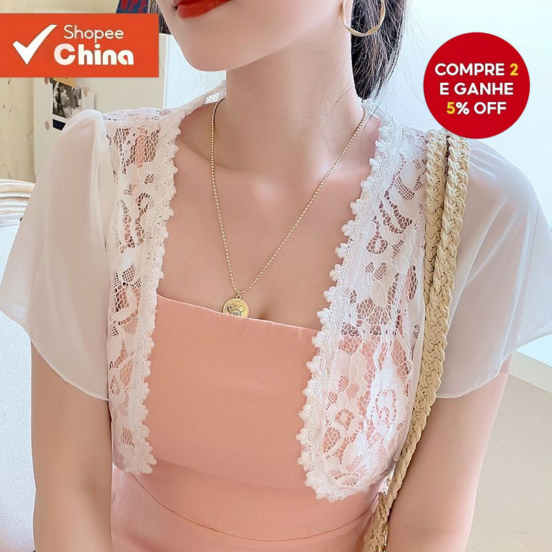 Blazer Bolero Plus Size para Mulheres Branco Preto Manga Curta Envoltório Cardigan de Renda Blusa Filipino para Vestido 