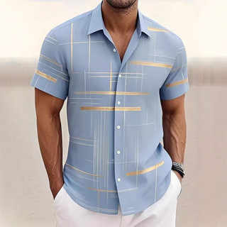 Camisa masculina geométrica xadrez botão Casual moda impressa camisa, novo estilo camisa masculina de manga curta