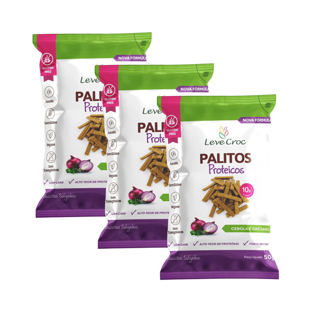 Kit com 3 Pacotes de Biscoitos Salgados Palitos Proteicos Sem Glúten Sabor Cebola e Orégano de 50g cada - Leve Croc