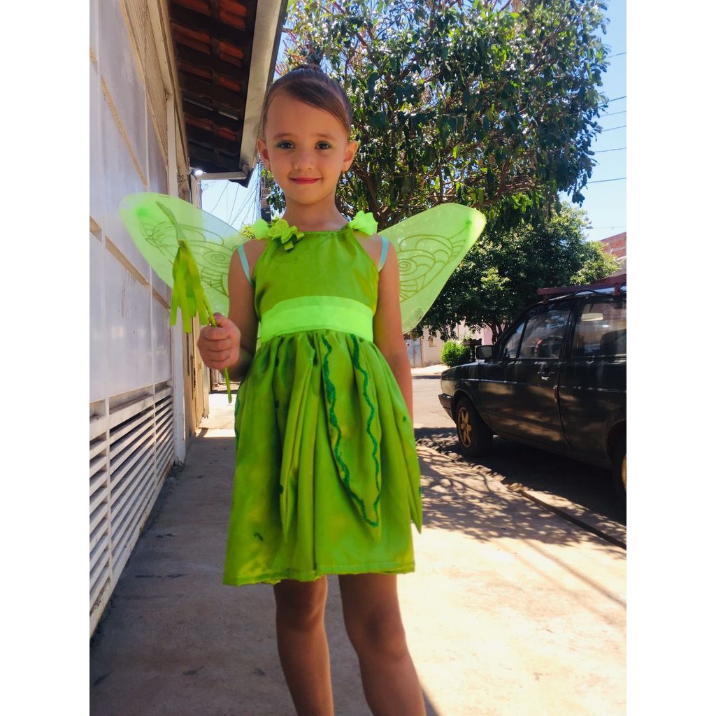Fantasia Infantil Fadinha Sininho em Cetim Com Varinha Mágica | Fantasia da tinker Bell