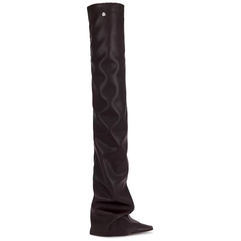 Novo estilo dedo do pé quadrado salto cunha Super salto alto plissado moda passarela botas na altura do joelho Plus Size