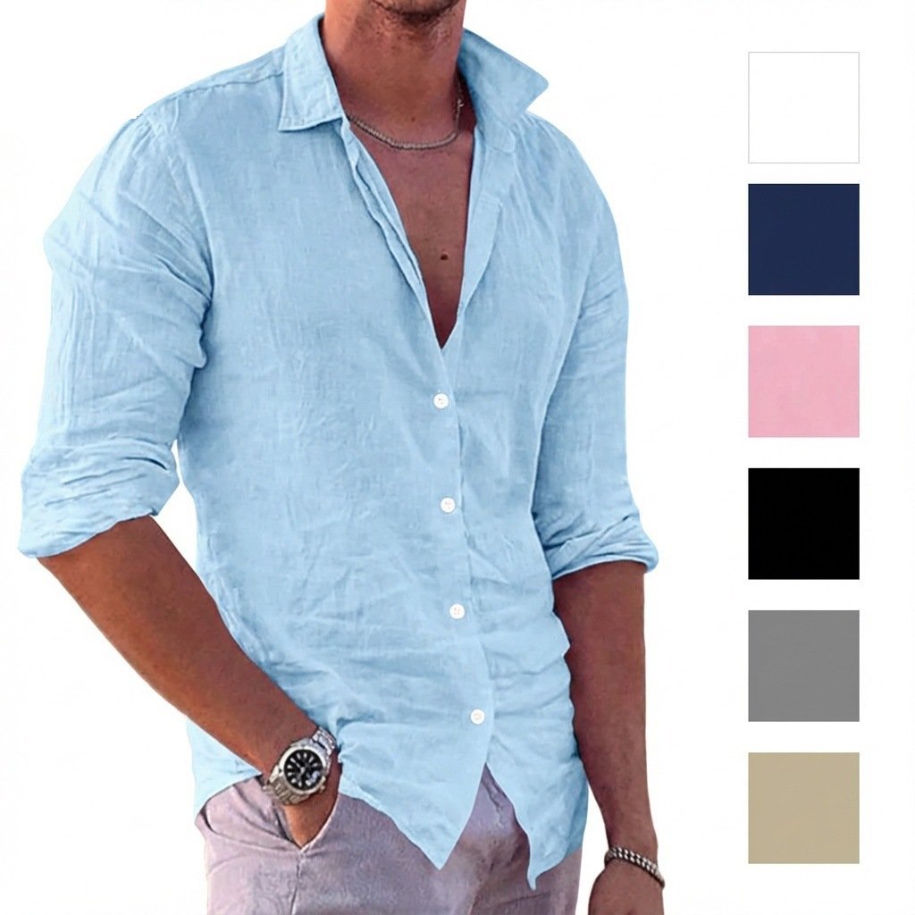 Camisas Masculinas Casuais De Manga Comprida De Algodão E Linho Botões Para Baixo Sólido Liso Verão Praia