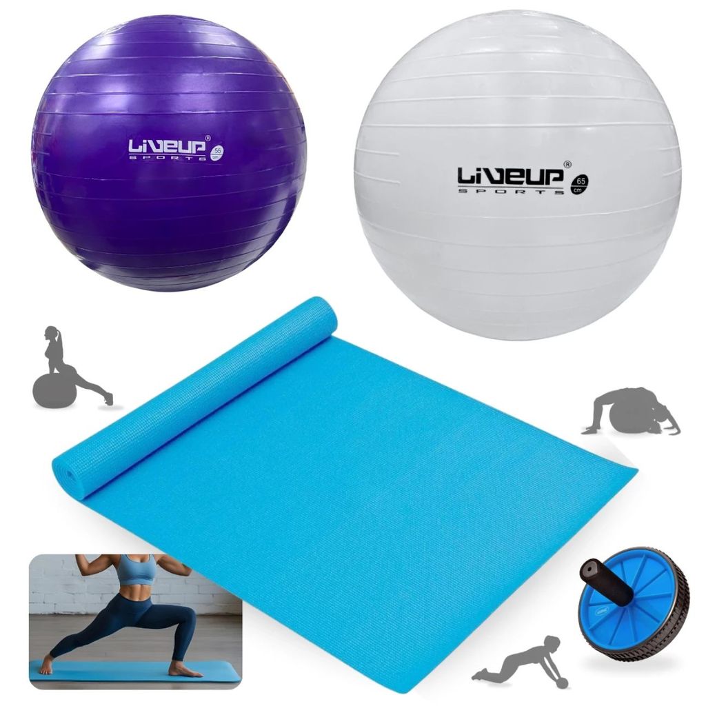 Kit Treino Pilates Bolas 55cm + 65cm + Colchonete Eva + Roda Abdominal