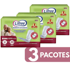 Kit 3 Pacotes Absorventes Geriátrico Lifree com Barreiras Fraldas Adulto Tamanho Único 60 Unidades