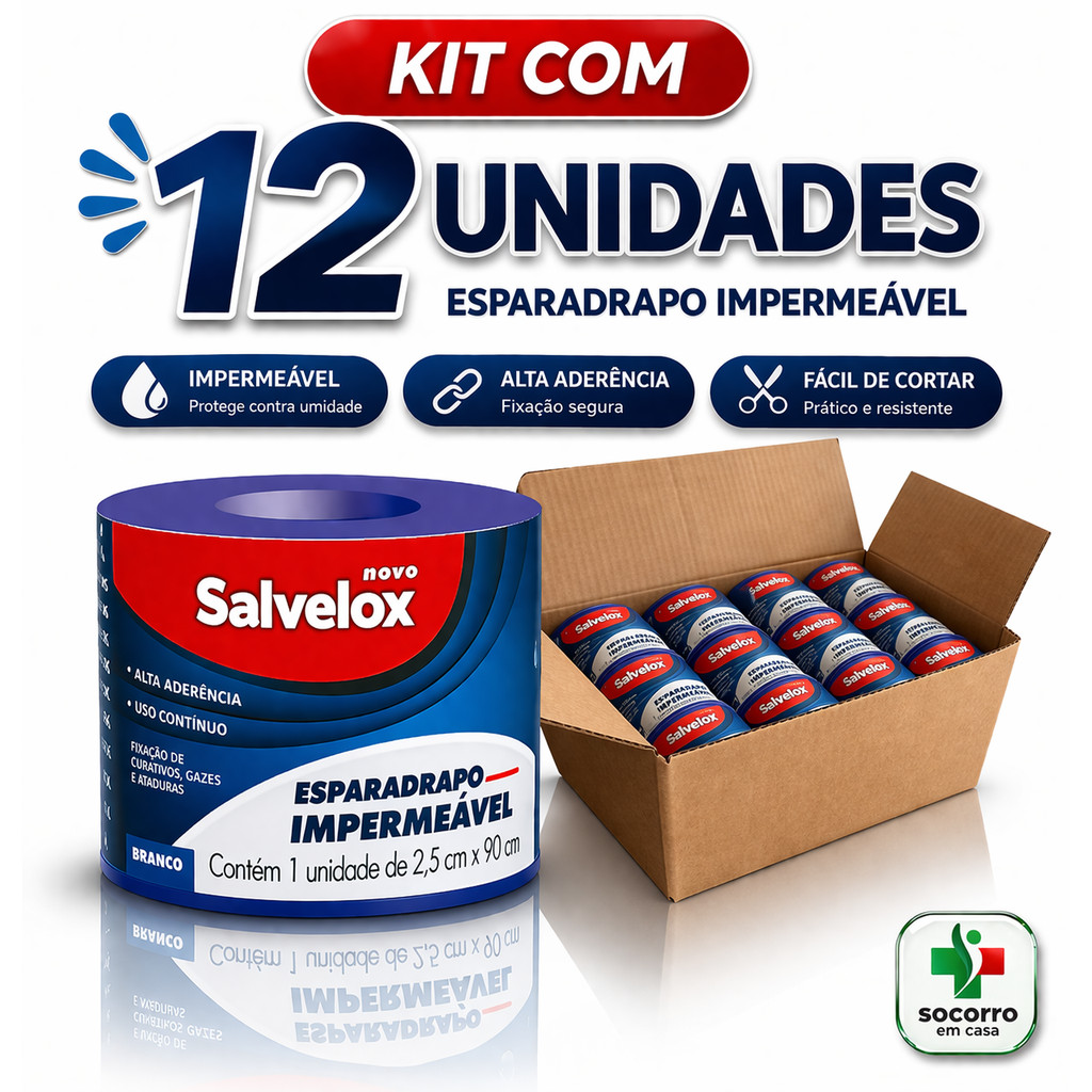 Kit com 12 Esparadrapos Impermeável Salvelox 2,5cm x 0,90m Alta Aderencia Branco