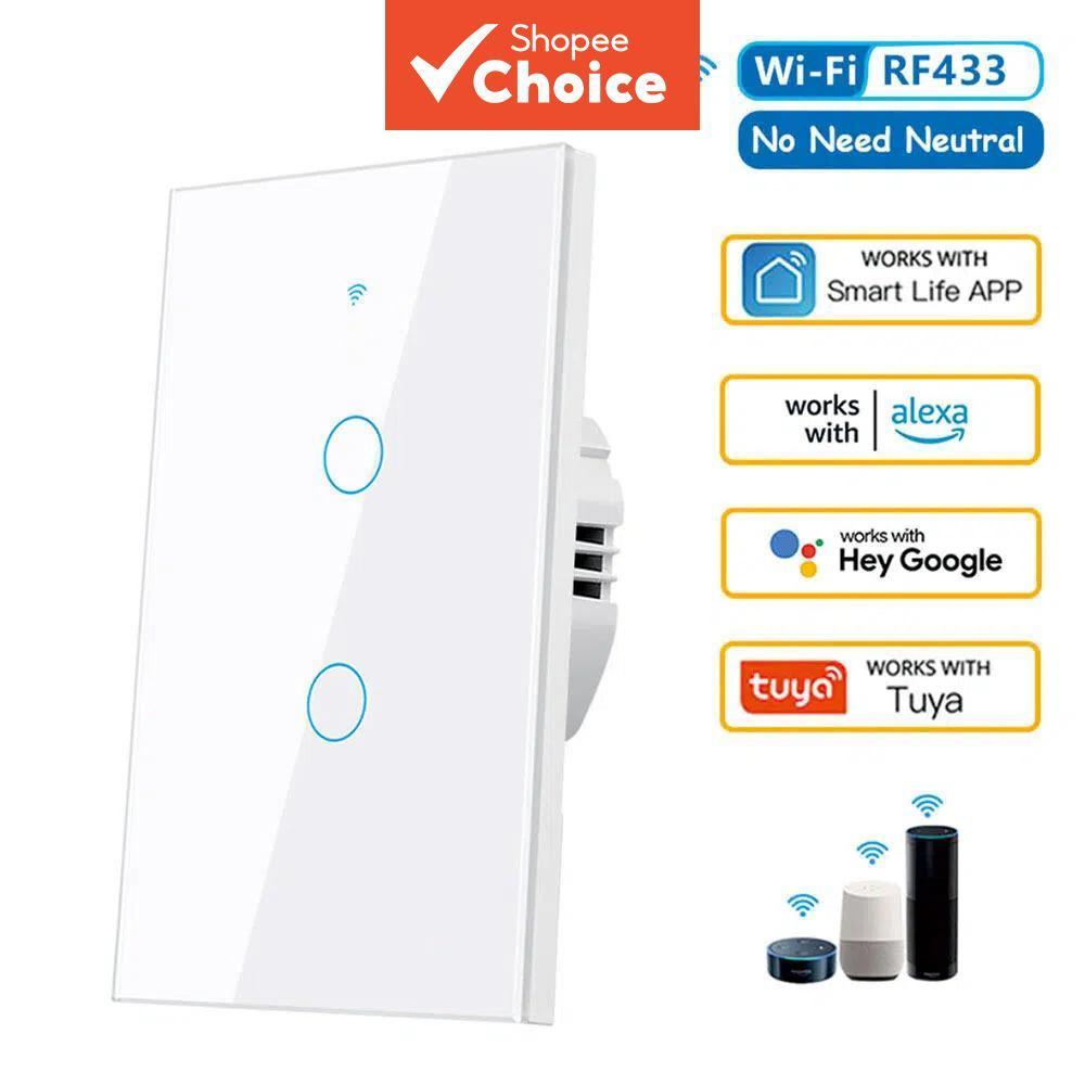 Parede Inteligente RF433 US Funciona Com Tuya 2 Gang Sem Fio Neutro Sensor De Toque Interruptores De Luz LED Home Alexa