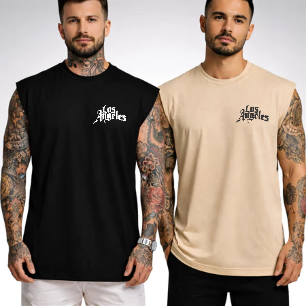 Kit 2 Regata Masculina Oversized 100% Algodão Estampada Los Angeles  Camiseta Maromba Larga e Treino Academia