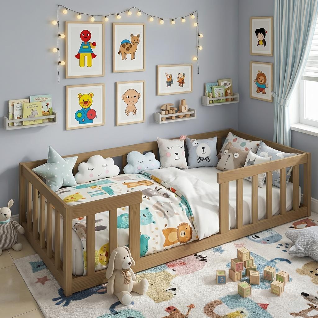 Cama Montessoriana Solteiro em Madeira Maciça Nogueira Repleta