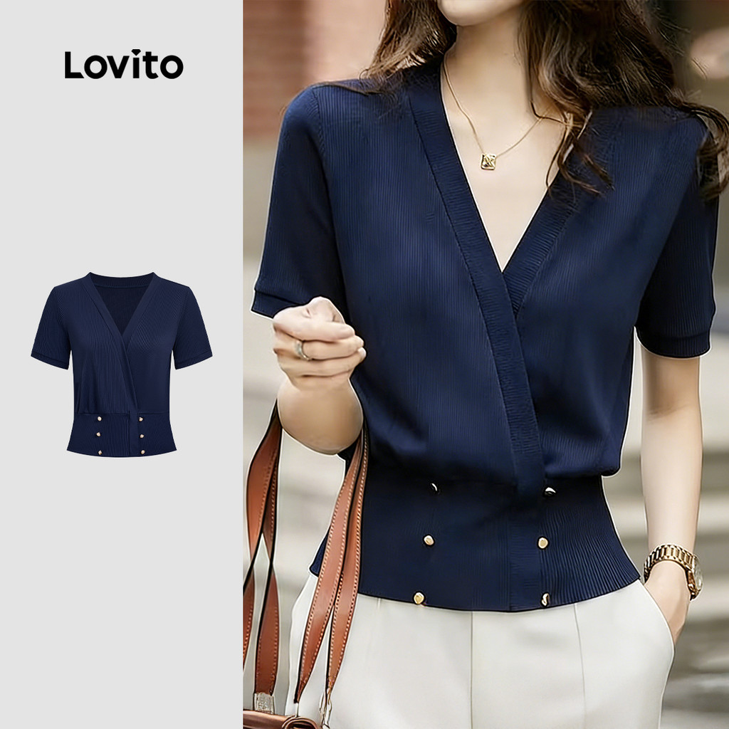 Lovito Camiseta Casual com Botões Duplos em Marinho para Mulheres L184ED872