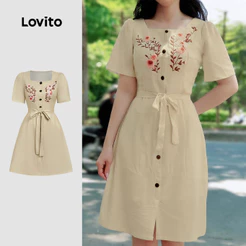 Lovito Vestido Elegante Feminino com Cinto Padrão Textura Bege Claro primavera/verão L184ED026