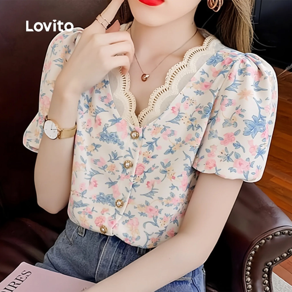 Lovito Elegante Blusa Botão Frontal Babado Pescoço Blusa Primavera/verão para Mu